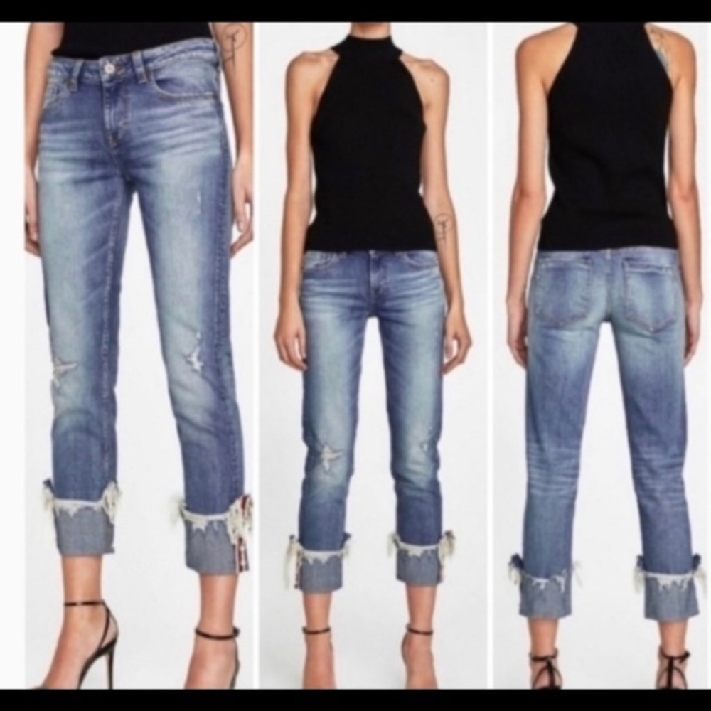 Zara Z1975 Denim Jeans 2 Rolled Cuff Embellished